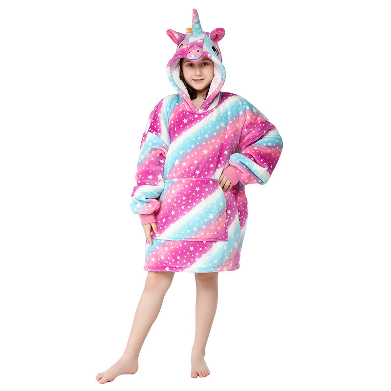 Wholesale Children's Printed Lazy Fleece Hooded Cold-proof Pajamas